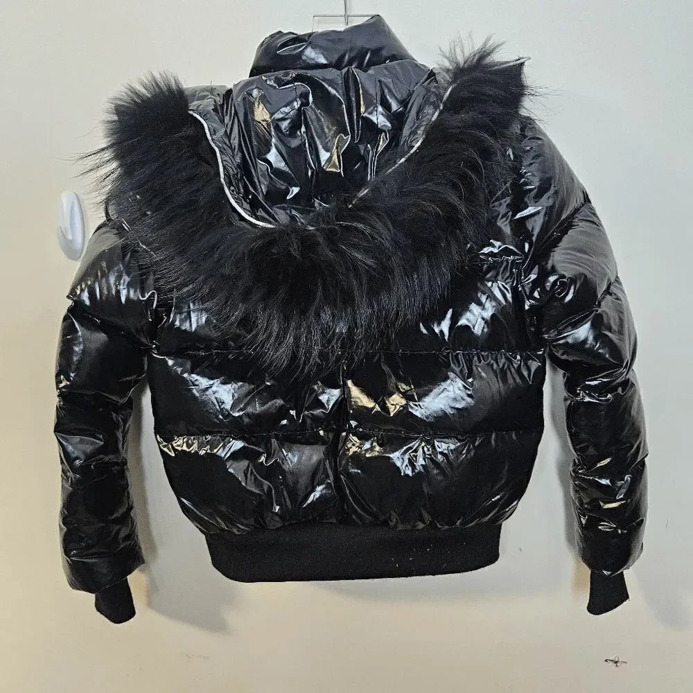 Alipicks Faux Fur Polyester Long Sleeve Hooded Puffer Jacket Full Zip Girls Blac